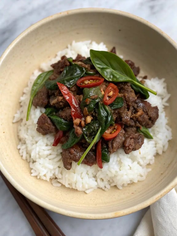 Thai basil beef beautifully plated with jasmine rice and cucumber slices