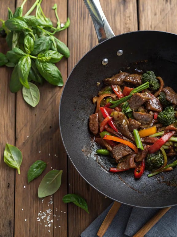 Final step for Thai basil beef — plated and ready