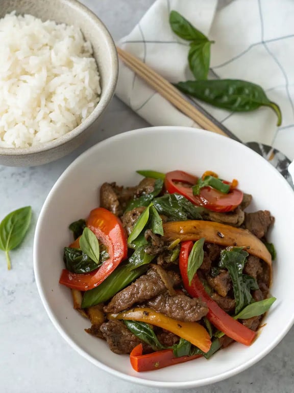 Thai basil beef plated beautifully with jasmine rice and garnishes