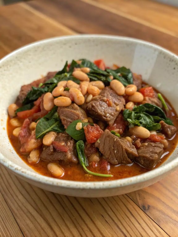 Tuscan beef casserole served in a bowl with crusty bread on the side