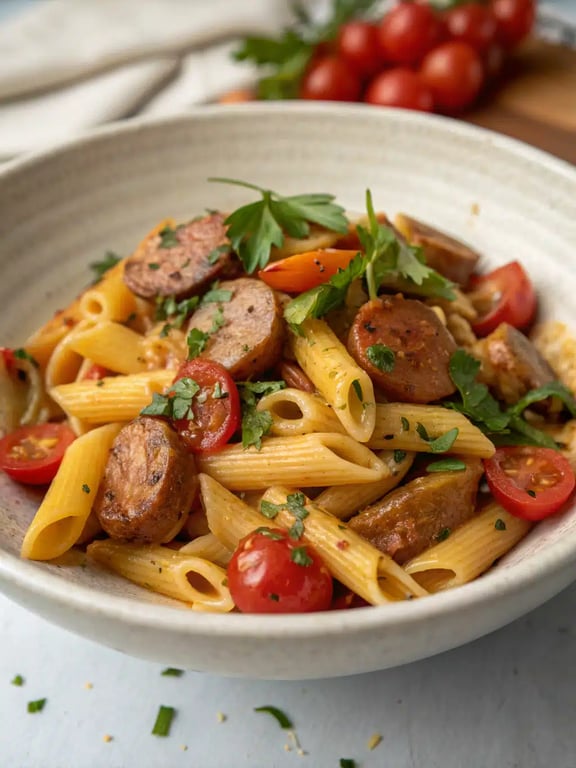 Cajun sausage pasta beautifully plated with a side of garlic bread