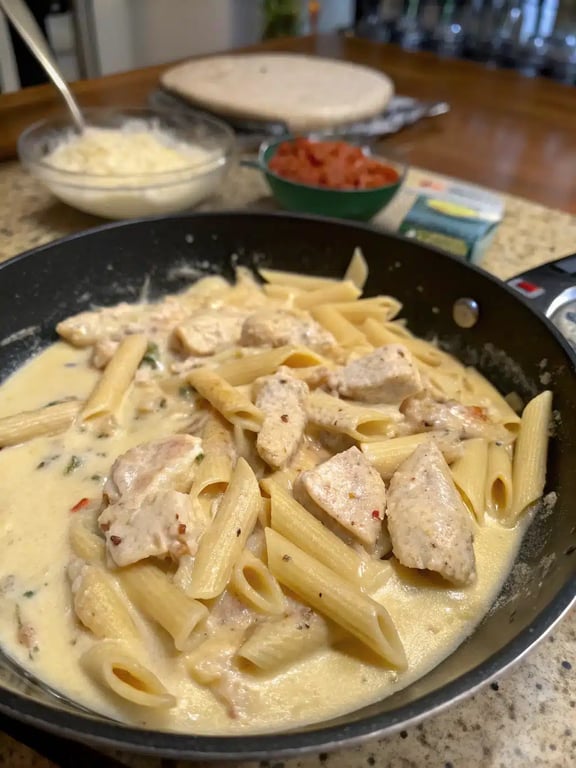 Final step for cheesy chicken pasta — plated and ready