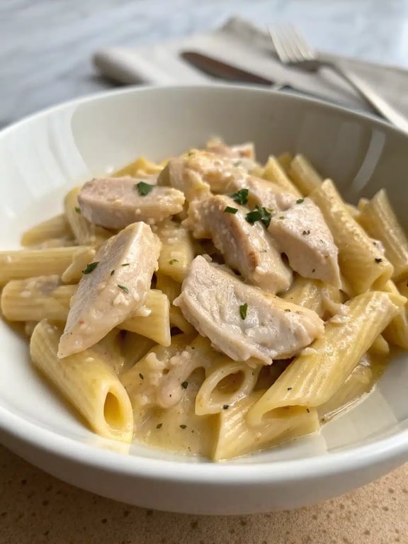 cheesy chicken pasta plated beautifully with a side salad