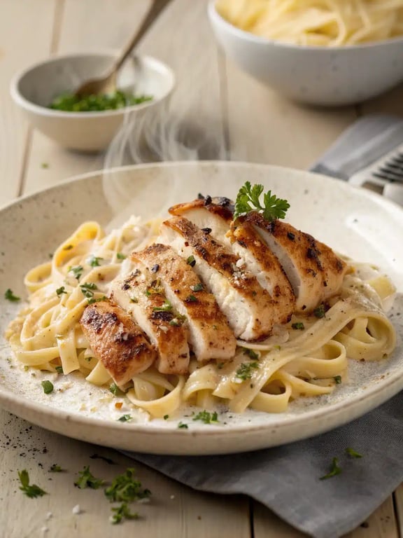마늘 향이 풍부한 간편한 치킨 페투치니 알프레도