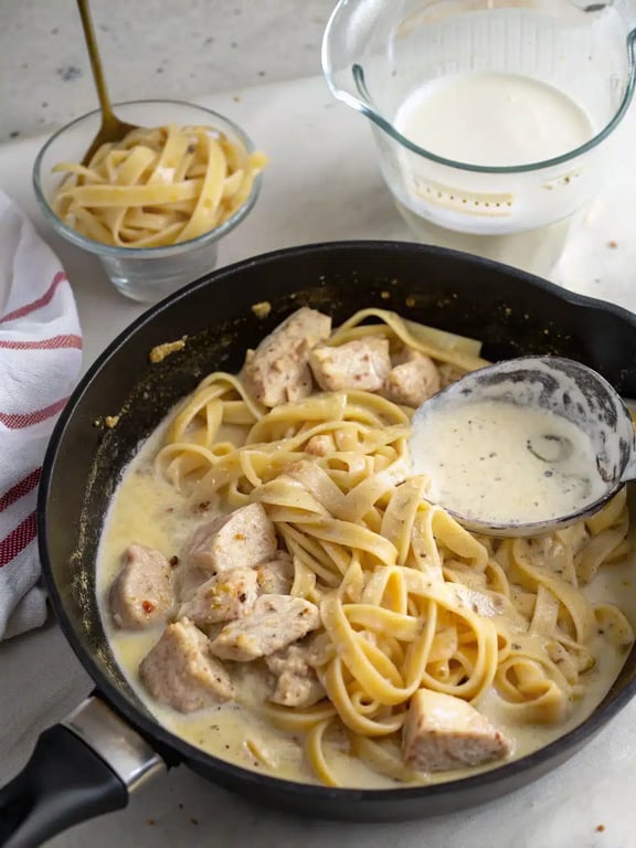 Final step for chicken fettuccine alfredo — a skillet full of creamy pasta and chicken, ready to serve