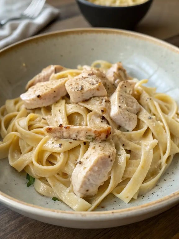 A beautifully plated serving of chicken fettuccine alfredo with a side salad and garlic bread