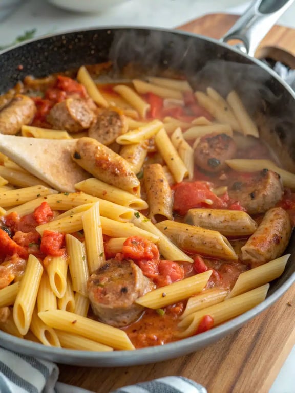 Final step for chicken sausage pasta — plated and ready