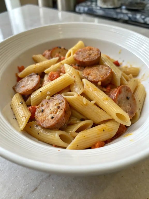 chicken sausage pasta beautifully plated with a side salad and garlic bread