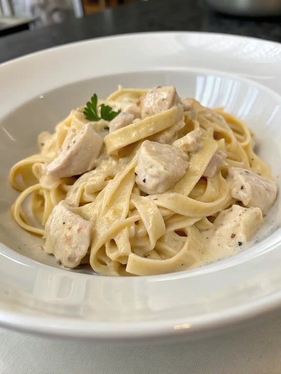 creamy chicken alfredo beautifully plated with a side salad and bread