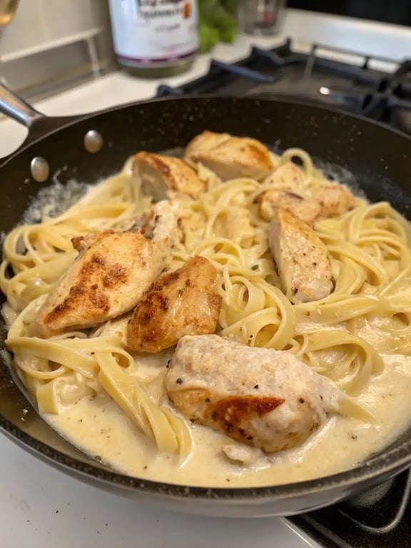 Step 4 for creamy chicken pasta — texture check