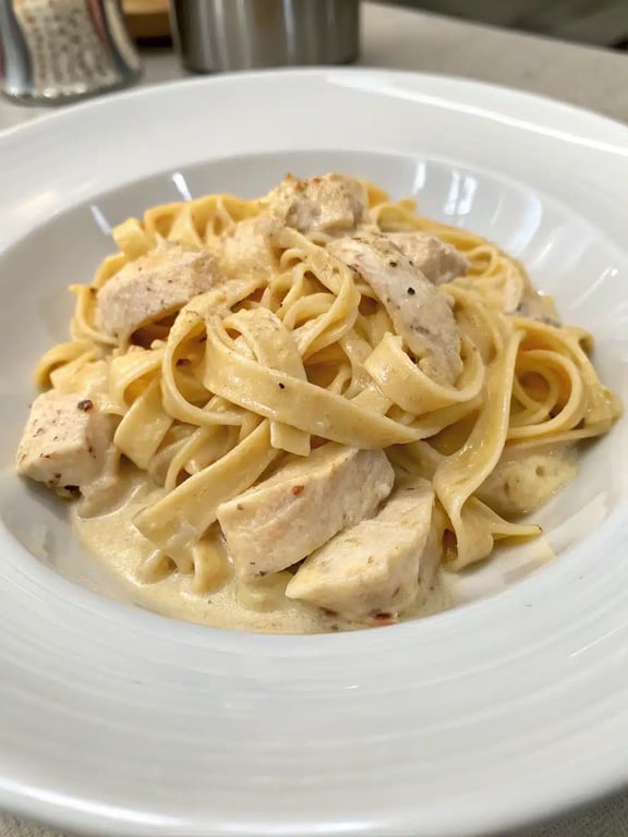 creamy chicken pasta beautifully plated with garlic bread and salad