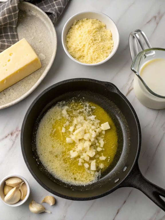 Step 4 for creamy garlic pasta — texture check