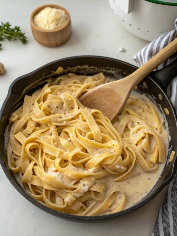 Final step for creamy garlic pasta — plated and ready