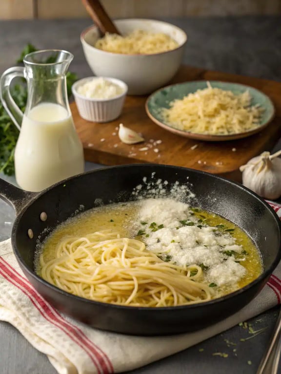 Step 4 for creamy garlic spaghetti — texture check