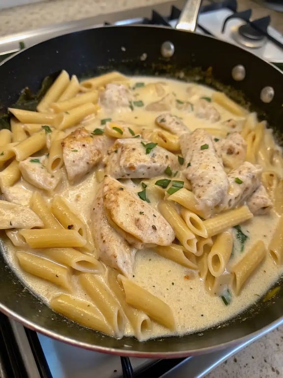 Final step for creamy protein pasta — plated and ready