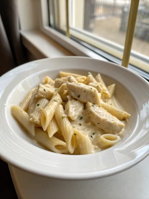 creamy protein pasta served in a bowl with a side salad and bread