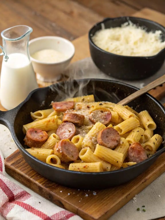 Step 4 for creamy sausage rigatoni — texture check