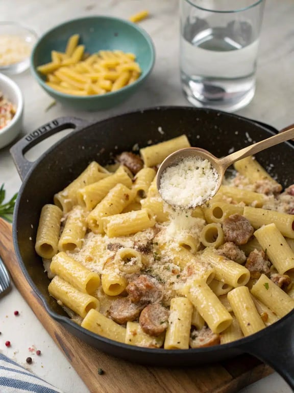 Final step for creamy sausage rigatoni — plated and ready