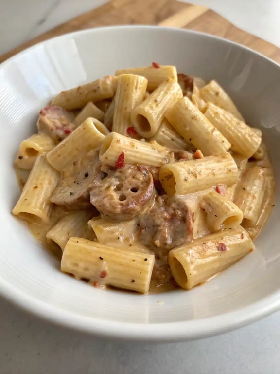 creamy sausage rigatoni served in a bowl with a side salad