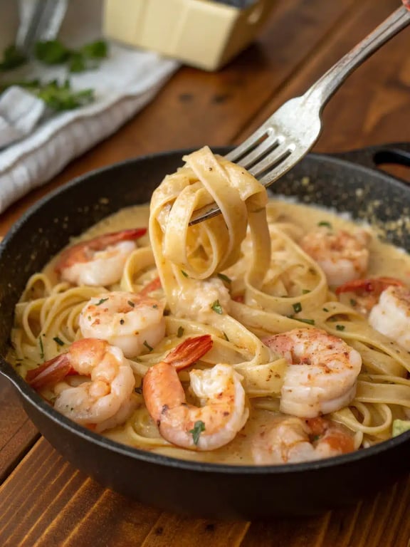 Final step for creamy shrimp pasta — plated and ready to eat