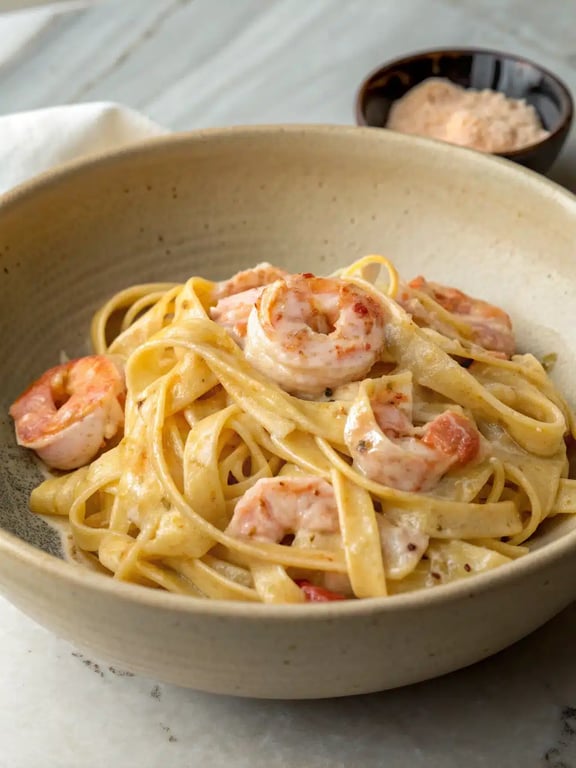creamy shrimp pasta beautifully plated in a bowl with a side salad