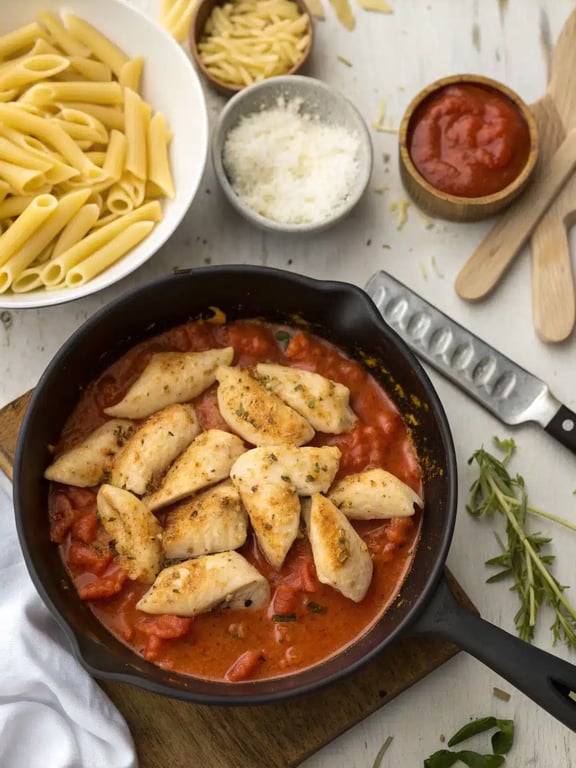 Step 4 for creamy tomato chicken pasta — texture check