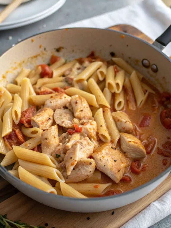 Final step for creamy tomato chicken pasta — plated and ready