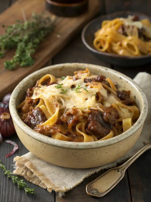 심플하고 아늑한 향수를 불러일으키는 프렌치 오니언 파스타