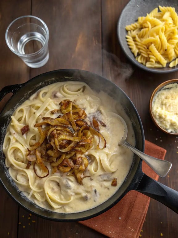 Final step for French onion pasta recipe — plated and ready