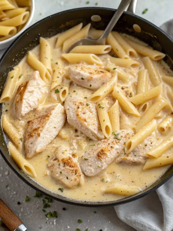 Final step for garlic parmesan chicken pasta — plated and ready
