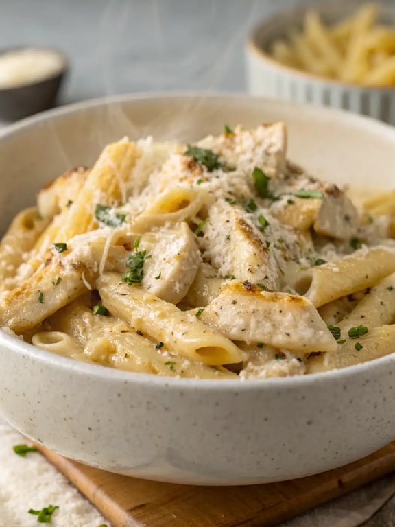 garlic parmesan chicken pasta beautifully plated with salad and garlic bread