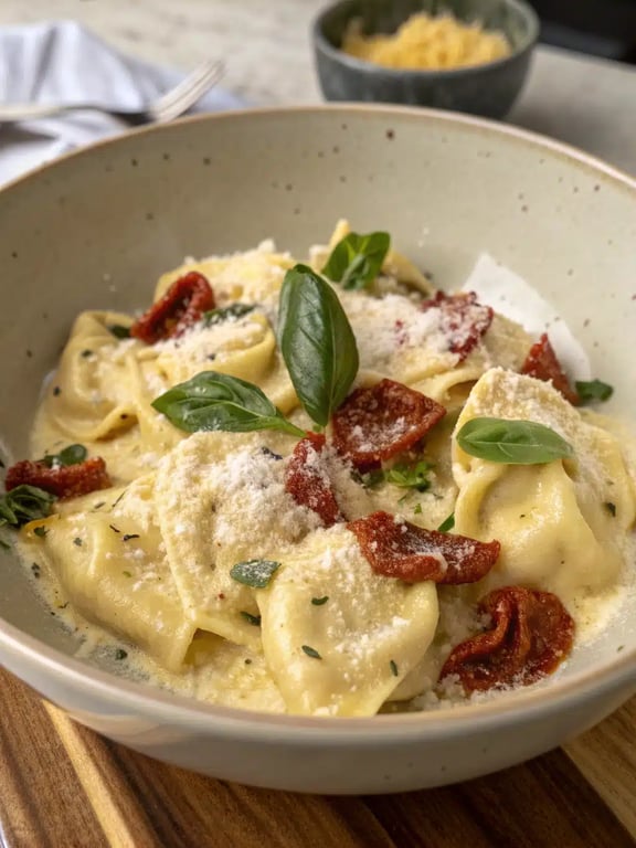marry me tortellini beautifully plated with a side salad and bread