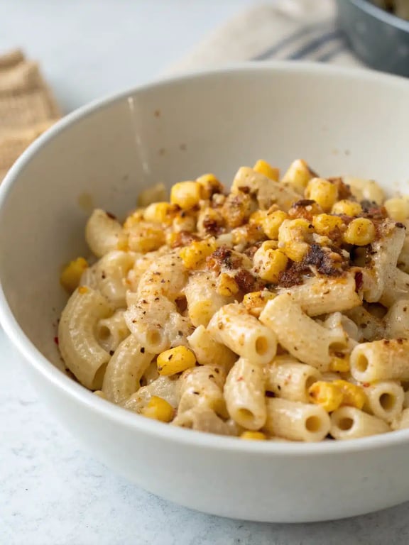 Mexican street corn pasta served family-style with lime wedges and extra toppings