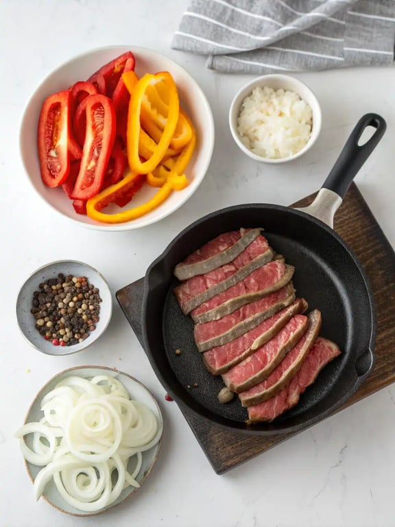 Step 2 for Philly cheesesteak pasta — process in progress