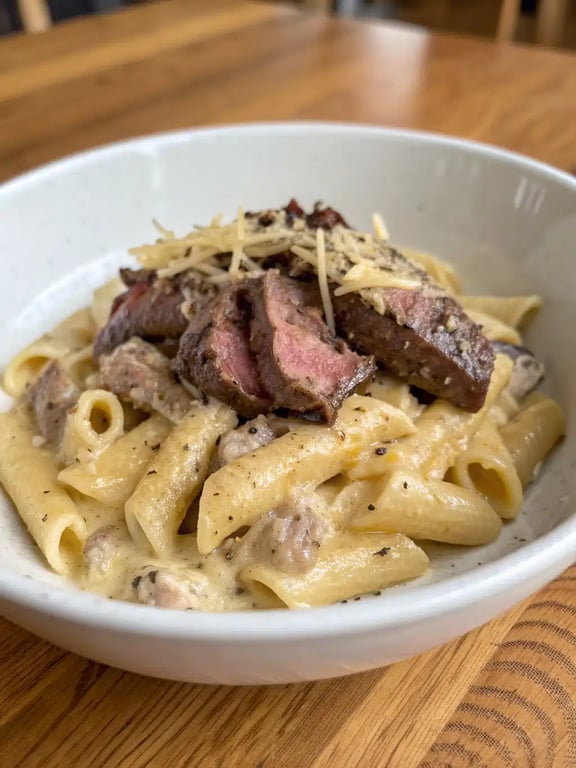 Philly cheesesteak pasta plated with a side salad and garlic bread