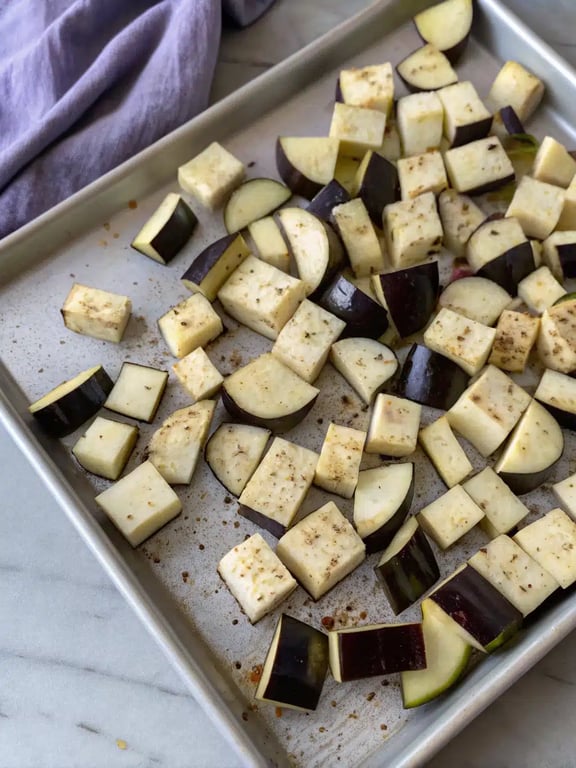 Step 2 for roasted eggplant pasta — process in progress