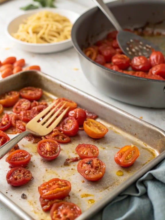 Step 4 for roasted tomato pasta — texture check