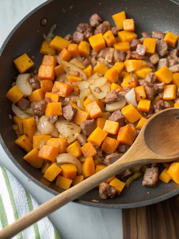 Step 4 for sausage pasta squash — texture check