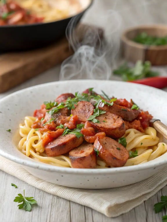 풍미 가득한 훈제 소시지 파스타, 한 팬으로 간편하게 완성하세요!