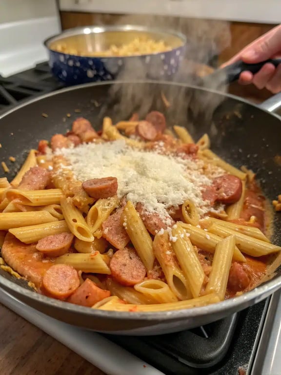Final step for smoked sausage pasta — a finished skillet tossed with cheese and parsley