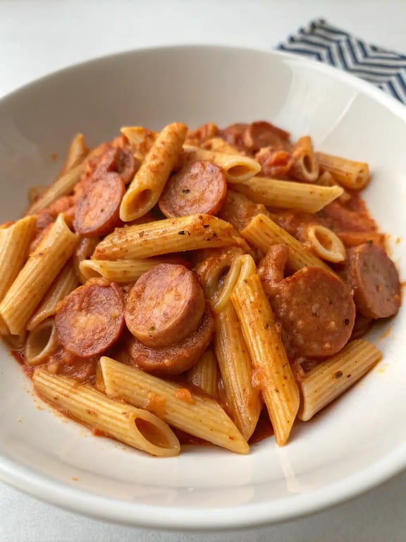 A beautifully plated bowl of smoked sausage pasta with a side salad and garlic bread