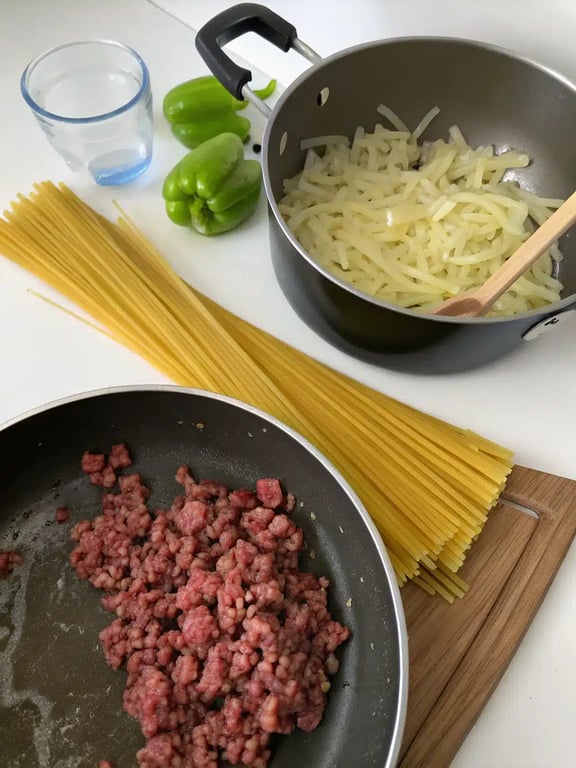 Step 2 for Southern spaghetti bake — browning the ground beef with onions and peppers in a skillet