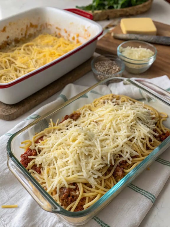 Final step for Southern spaghetti bake — the golden, bubbly casserole resting on a stovetop