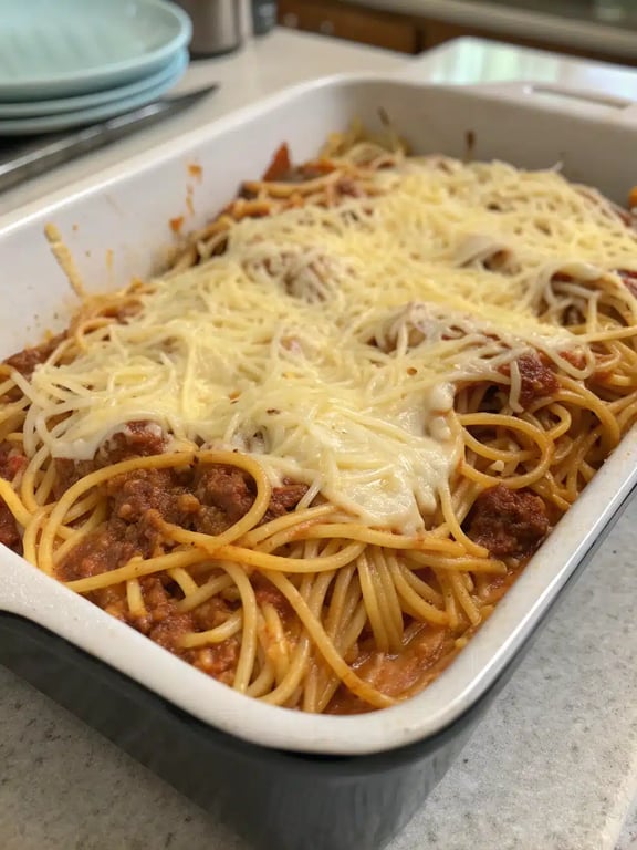 Southern spaghetti bake served on a plate with a side salad and garlic bread