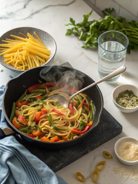 Final step for spinach tomato pasta — plated and ready