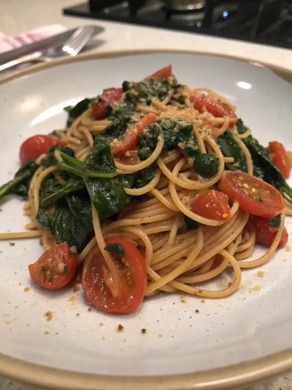 spinach tomato pasta plated elegantly with a side salad