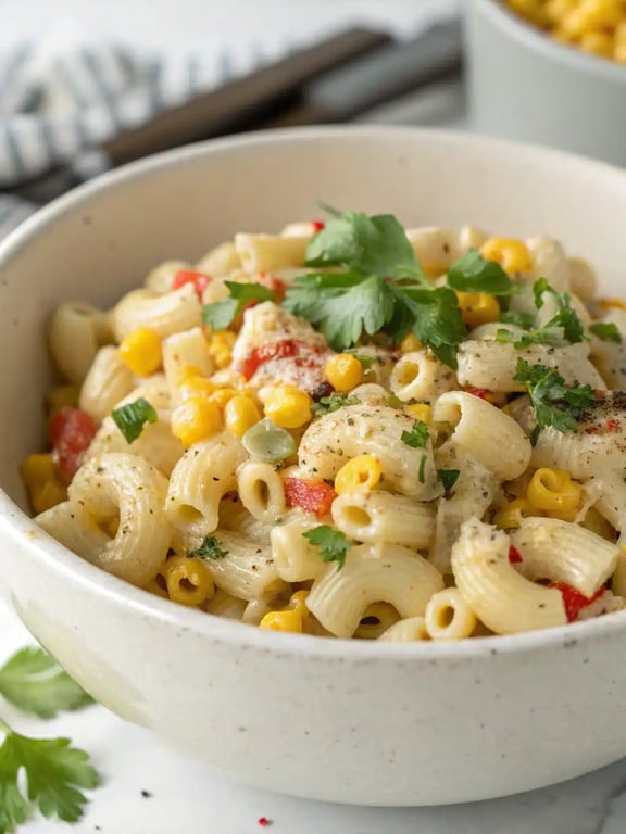 street corn pasta salad beautifully plated with garnishes