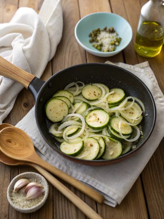 Simmering tomato and zucchini sauce in a skillet for pasta