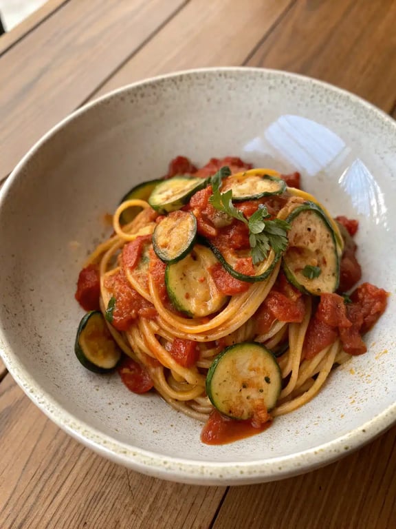 A family-style table setting with a large bowl of tomato zucchini pasta, a salad, and garlic bread