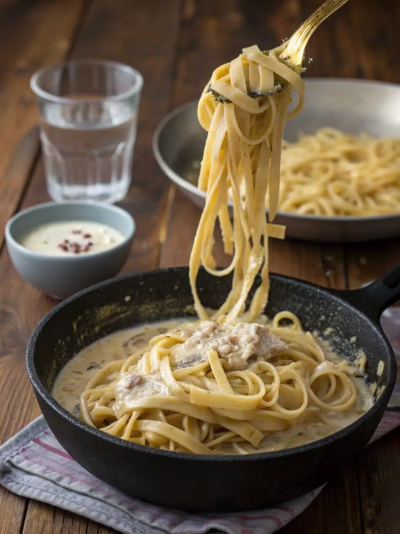 Final step for vegan onion pasta — plated and ready